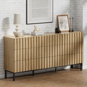 GOOBUY Commode à 9 Tiroirs 150cm Commode Étroite Motif Bois Plafond Spacieux Pieds en Métal 150 x 34 x 72 cm Naturel