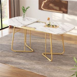 Table Extensible Salle a Manger Blanche 4 &agrave; 6 Personnes avec Motif Marbre Table Cuisine avec Pieds en M&eacute;tal Dor&eacute; - 140&ndash;180 x 80 cm