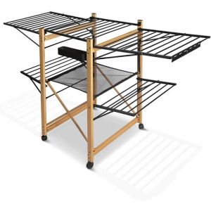 S&eacute;choir &agrave; Linge Deluxe Grande Capacit&eacute; avec Roulettes et Maille Etendoir Extensible Pliable Multifonction Imitation Bois 30m