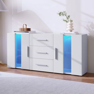 Buffet bas 140x35x70 cm - TKOPY - Bahut avec 16 couleurs de LED - Buffet cuisine moderne avec 2 portes et 3 tiroirs - Blanc
