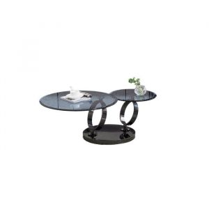 Table Basse AUTOMAT &ndash; Verre Fum&eacute; & M&eacute;tal Noir &ndash; Plateau 80 cm + Rotatif 55 cm