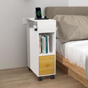 Table de chevet &eacute;troite &agrave; roulettes - Table dappoint 2 Compartiments Ouverts et 1 Tiroir blanc - 25 x 50 x 70 cm