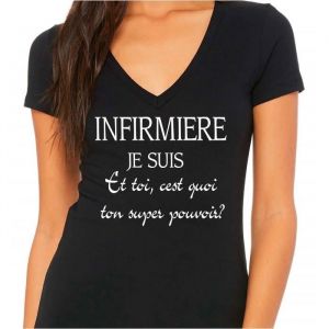 T-shirt femme col V infirmi&egrave;re noir 100% coton
