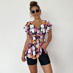 Maillot de Bain 2 Pièces Femme Tankini Ensembles Maillots Push Up Bikini Set Imprimé manche courte et Short Bleu/Orange