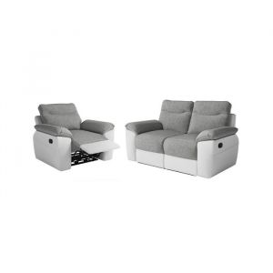 PACK - Canap&eacute; de relaxation ROSS manuel 2 places et fauteuil en tissu antitache - Blanc/Gris