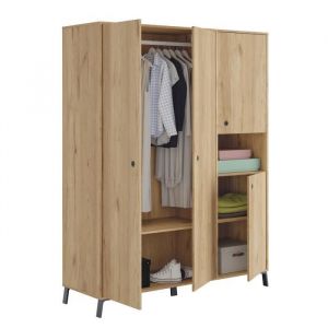 Armoire placard Meuble de rangement 4 portes coloris chêne doré - Hauteur 200 x Longueur 150 x Profondeur 55 cm