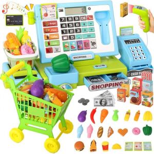 Jouet Caisse Enregistreuse Enfant Calculatrice Réelle & Scanner - Jeu de Rôle Supermarché avec Caddie et Argent - Cadeau Éducatif