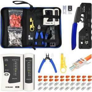 Kit dInstallation R&eacute;seau VCELINK - Pince &agrave; Sertir RJ45 avec 20 Connecteurs Cat7/Cat6a et Testeur