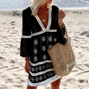 Robe Femme Été Col V Robe Droite Fluide Manches 3-4 Robe Mi Longue Chemise Tunique Bohème A-Line Robe Volant - Noir