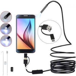 Endoscope 3 en 1 USB MicroType-C Ultra-Mince 8mm Semi-Rigide Cam&eacute;ra dinspection avec 6 LED IP67 &Eacute;tanche et C&acirc;ble Serpen(2m)
