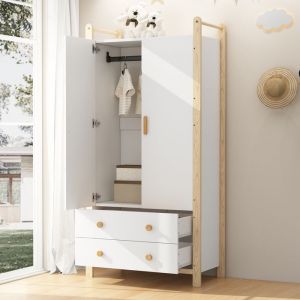 Armoire - Armoire Chambre avec Tiroirs et Penderie Meuble Bois Massif + MDF Pratique et Durable - Blanc + Bois 90x45x180 cm