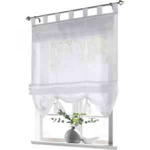 Store enrouleur romain voilage blanc à passants transparent intérieurs de fenêtre cuisine - Blanc L-H 120 x 155 cm