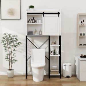 &Eacute;tag&egrave;re-Meuble au-dessus des WC avec porte coulissante style grange&eacute;tag&egrave;res r&eacute;glables et rangement lat&eacute;ral blanc/noir