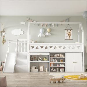 Lit enfant 90x200 cm avec toboggan escalier et rangements en bois massif blanc - sans matelas