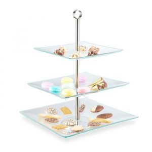 Relaxdays Serviteur g&acirc;teau 3 &eacute;tages rectangulaire verre inox pr&eacute;sentation de muffins fruits transparent/argent&eacute;