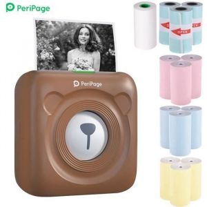 PeriPage Mini Pocket Imprimante thermique BT Imprimante de papier de ticket de m&eacute;mo d&eacute;tiquette dimage+12 rouleaux de papier Marro
