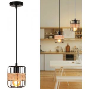 Homefire Suspension E27 Noir Vintage Rotin Boho M&eacute;tal Bois Lampe de Cuisine Bambou Naturel Abat-Jour Panier pour Salle &agrave; Manger