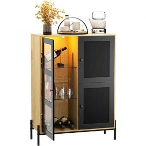 GOOBUY Buffet Multifonctionnel &agrave; Vin Meuble de Bar &agrave; Vin avec 2 Porte-Verres Lumi&egrave;re LED Design en Rotin Noir et Naturel