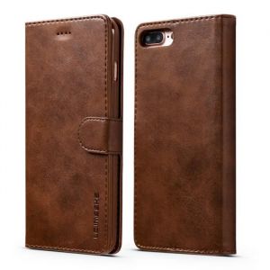 Coque pour iPhone 7 Plus-8 Plus PU Étui Housse en Cuir TPU Silicone Ultra-Mince avec Carte Fente Flip Cover Marron foncé