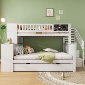 Lit Superposé Enfant 90x200&140x200 cm avec 2 Tiroirs- Escalier Sécurisé Rangements Intégrés - Blanc - Certifié EN747