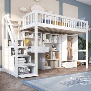Lit mezzanine enfant 90x200 cm Lit simple 1 personne Avec bureau escalier casiers armoire sans matelas bois massif blanc