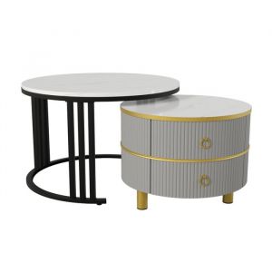 Table basse 2 en 1 ronde moderneTable dappoint de salon avec 2 tiroirs 70x70x46 + 50x50x40 cm Gris brillant