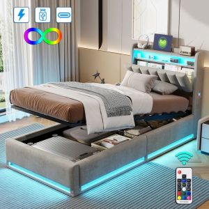 Lit coffre double - LUMINARIX - LUMINARIX - 90x200 cm - M&eacute;canisme &agrave; gaz - &Eacute;clairage LED - Ports USB int&eacute;gr&eacute;s