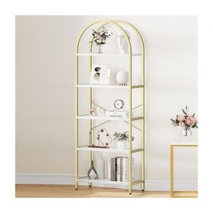Bibliothèque de Rangement - PROMIRACAL - 5 Étagères - 180x60x28cm - Cadre Métal Doré - Marbre Blanc - Antidérapante