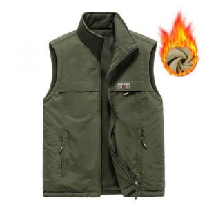 Gilet R&eacute;versible Homme Veste Chaude Sans Manches Doubl&eacute; Polaire Col Montant Automne Hiver Couleur Unie - Vert militaire