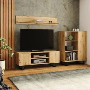 Meuble TV Focus 155 cm Armoire TV chêne artisan pieds métal loft