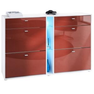 Vladon Meuble &agrave; chaussures Today 1555 x 95 x 28 cm en Blanc mat fa&ccedil;ades en Bordeaux haute brillance avec l&eacute;clairage LED en