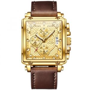 Montre homme de marque chronographes calendrier daffichage cadran rectangulaire mode bracelet en cuir marron doré