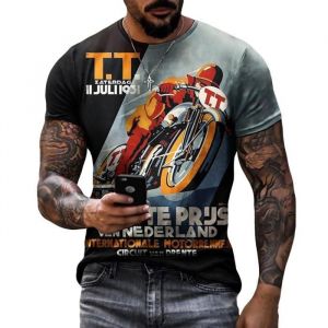 T-shirt Homme - 3D Moto Vintage - Imprim&eacute; R&eacute;tro Course Moto - Manches Courtes Tee shirt Homme - Noir