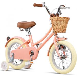 Glerc V&eacute;lo pour enfants 12 pouces v&eacute;lo r&eacute;tro pour filles &acirc;g&eacute;es de 2 &agrave; 4 ansavec panier en osier couleur p&ecirc;che