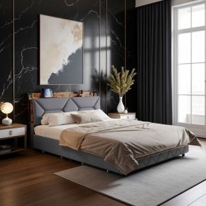 Lit tiroir - 140x200 cm - 4 tiroirs coffres - T&ecirc;te de lit inclin&eacute;e tissu gris - Ports Type-C & USB LED