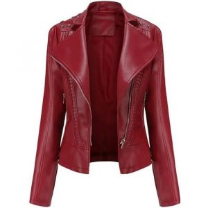 Blouson Femme en Simili Cuir Col Revers Veste Mi Saison Bordeaux - INSFITY - Rivet D&eacute;coratif