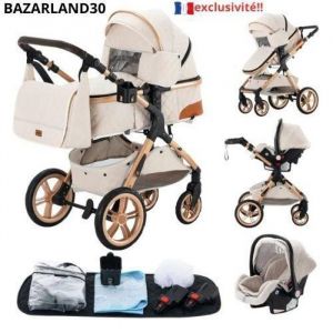 BAZARLAND30.Poussette 3 en 1 Bébé Combinée Siège-Auto Nacelle Trio Réversible Réglable Haute Qualité Roues increvables Canne.blanc