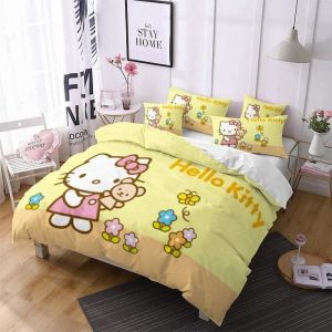 3 Pcs Hello Kitty en microfibre douce avec housse de couette avec fermeture &eacute;clair et 2 taies doreiller-135x200cm[1877]