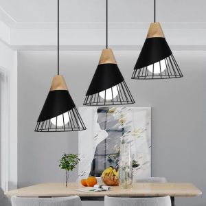Suspension Luminaire 3 lumières en Barre Noir - WOTTES - UNI - Fer Forgé - Bois massif - Extérieur