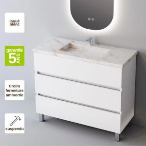 Meuble de salle de bain plan vasque Grès Cérame Blanc Storm 3 Tiroirsl100xh90xp45 Laqué Blanc Brillant ATRANI