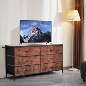 Commode 6 tiroirs - Penderie meuble TV cadre acier Marron meuble de rangement