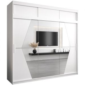 ABIKSMEBLE Boliwia 250 Armoire à Trois Portes Coulissantes avec Miroir Tringle Étagères et Extenstion 250x240x62 cm Blanc