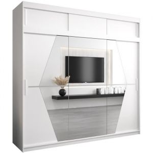 ABIKSMEBLE Boliwia 250 Armoire à Trois Portes Coulissantes avec Miroir, Tringle, Étagères et Extenstion 250x240x62 cm Blanc