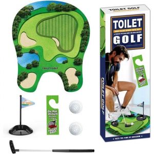 Cadeau amusant de golf pour toilettes - Ensemble complet de mini-golf - Clubs pliables et tapis de putting - Jeu de salle de bain
