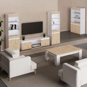 CHRIS OAK - Salon Complet avec Vitrine 2P Laqu&eacute; Blanc Brillant Aspect Bois