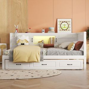 Lit banquette 140x200 cm - Blanc - LED - Lit gigogne 90x190 cm - Rangement latéral - USB