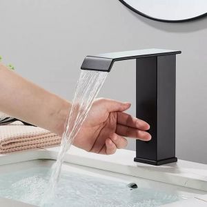 Noir Mitigeur lavabo cascade à capteur infrarouge Automatique Mélangeur à induction Robinet de salle de bain Robinet de lavabo