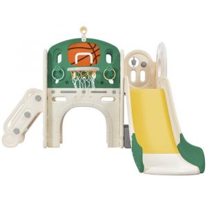 Toboggan Enfant Combin&eacute; avec Panier Basket Tunnel et Coffre Rangement - Jeu dExt&eacute;rieur pour Enfants Vert Antique 152x186x110 cm