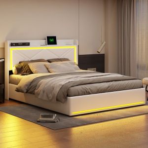 GARHELPER Lit Coffre Rembourré en Simili Cuir Blanc 160×200cm avec LED - USB - Type-C - Rangements - Sommier à Lattes