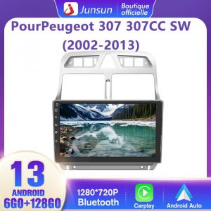 Junsun Autoradio 4G Android 13 6Go+128Go Carplay pour Peugeot 307 307CC 307SW (2002-2013) 9 Écran Tactile avec Android Auto GPS
